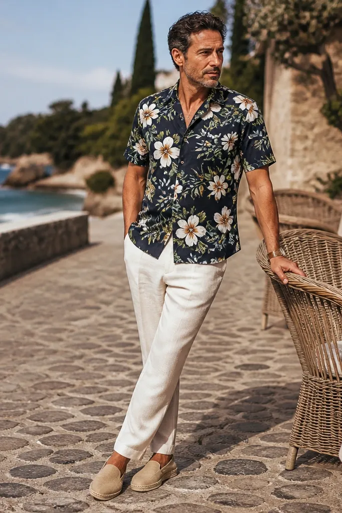Dark floral short-sleeve shirt with off-white trousers and tan espadrille loafers