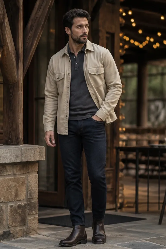 Charcoal polo with sand overshirt over slim dark denim and dark brown boots