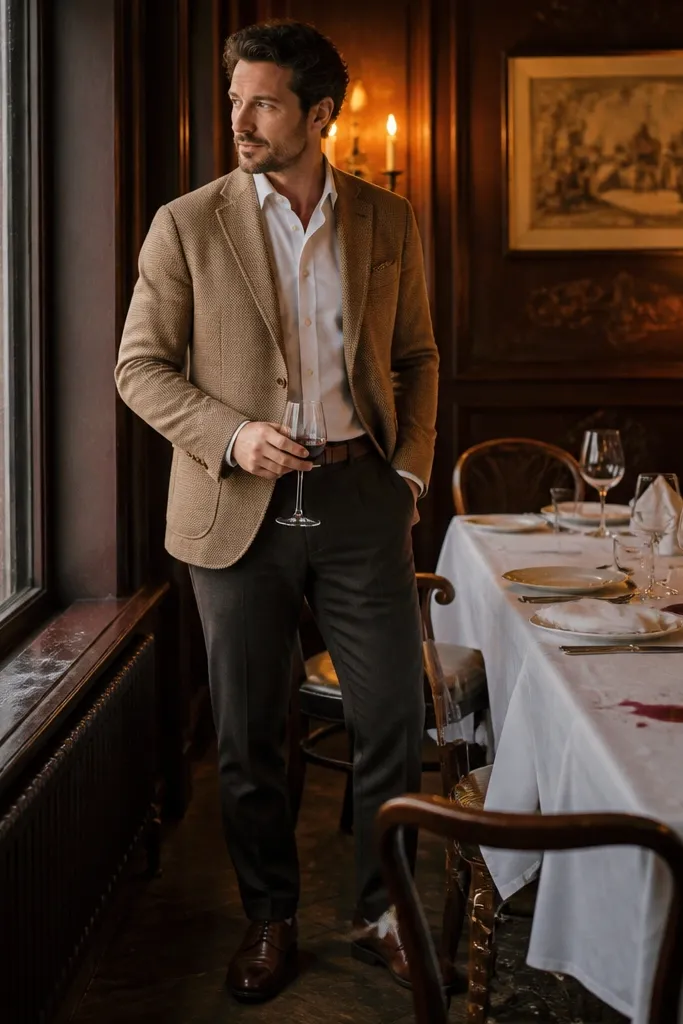 Tan knit blazer over white dress shirt with dark charcoal trousers and brown oxfords