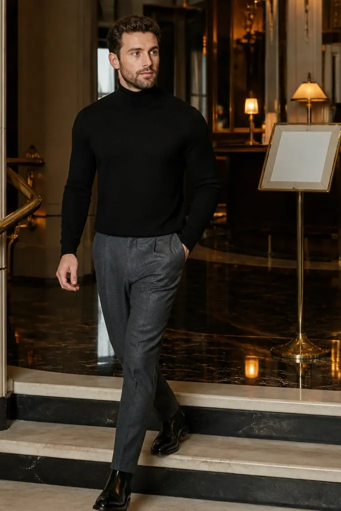 Black knit turtleneck with gray slacks and black leather Chelsea boots