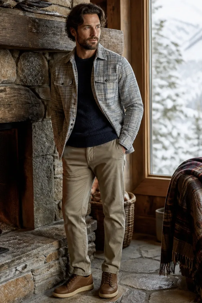 Light gray flannel overshirt over navy crewneck with khaki chinos and brown sneakers