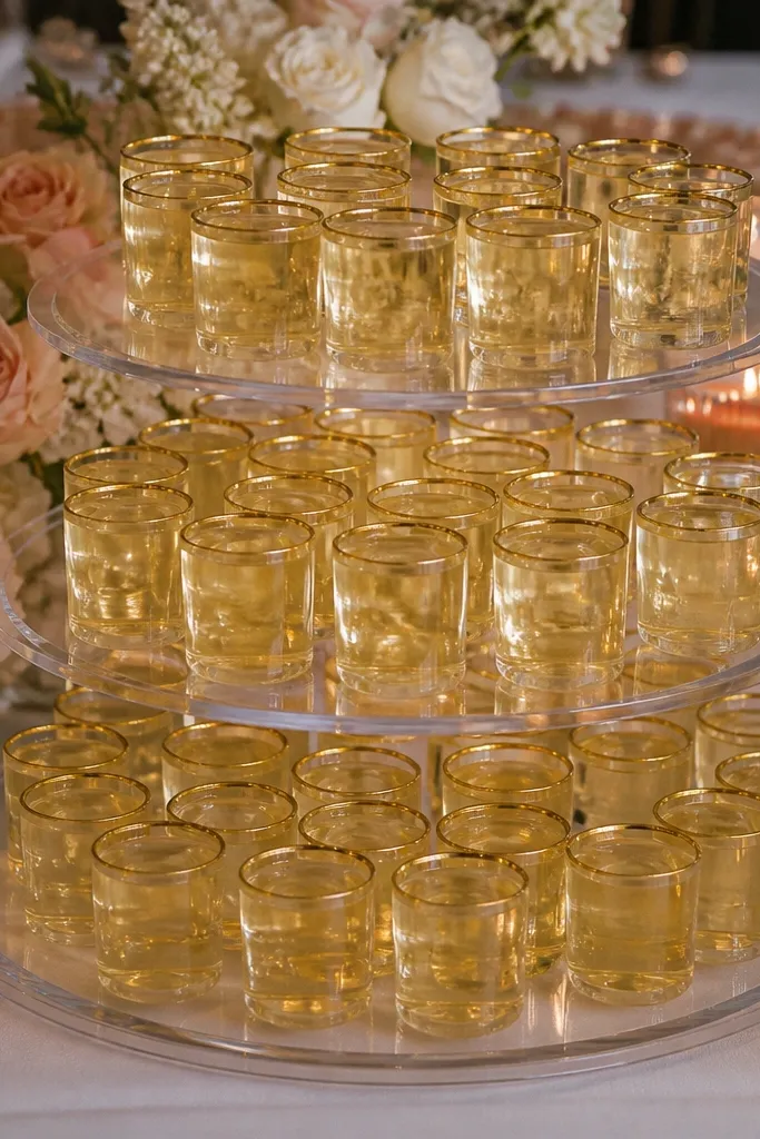 Clear jelly cups with pale golden tint and thin gold edges