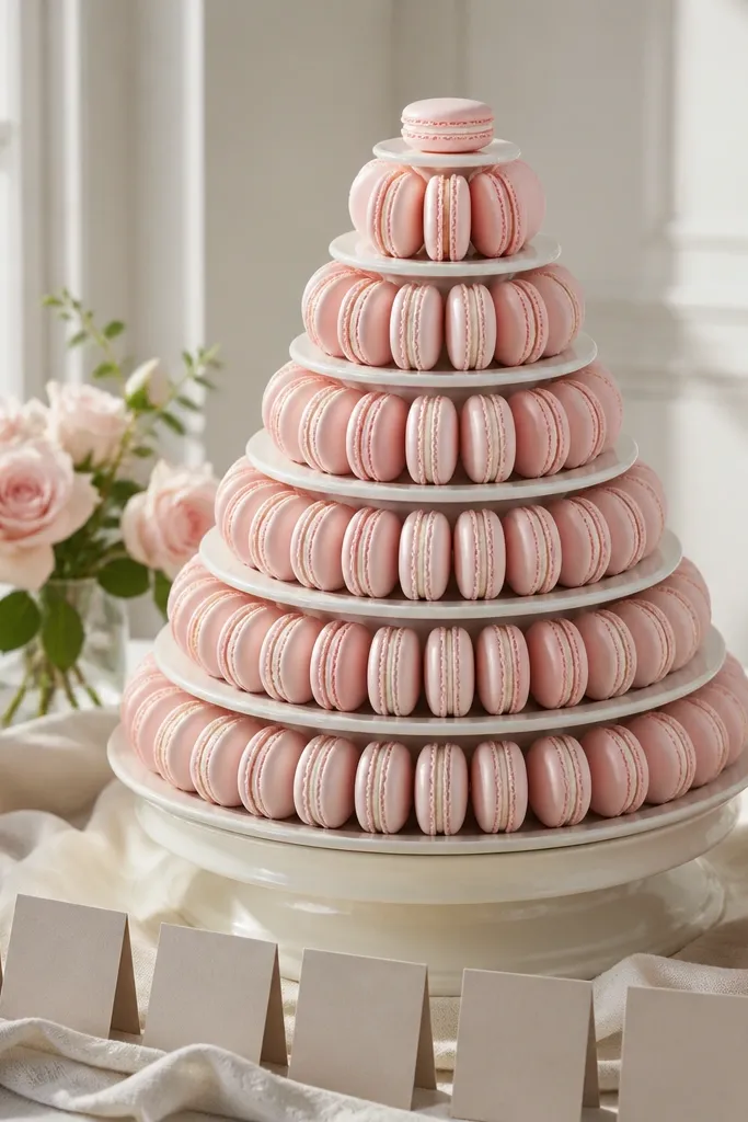 Pastel macarons stacked on a small stand with tiny cards