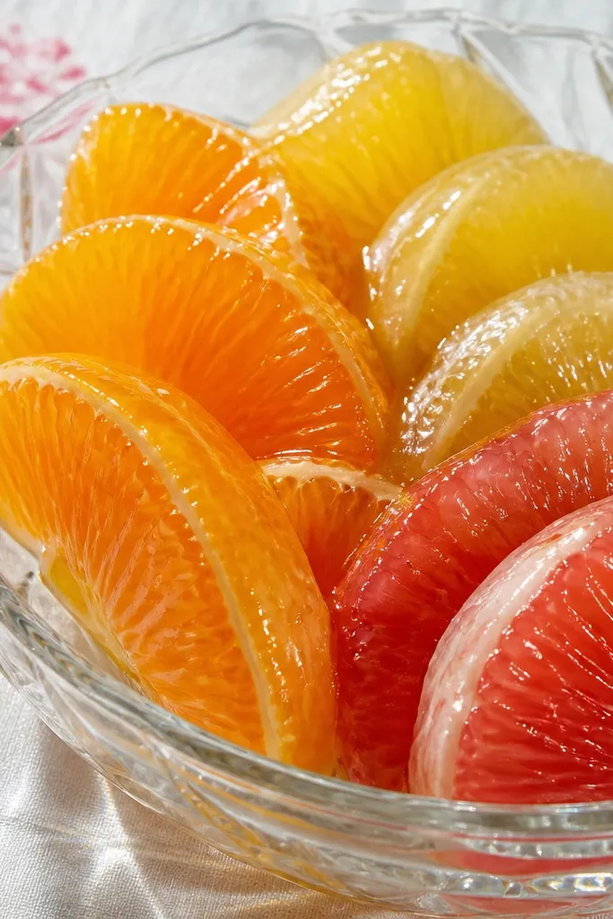 Clear bowl filled with citrus wedges and glossy glaze