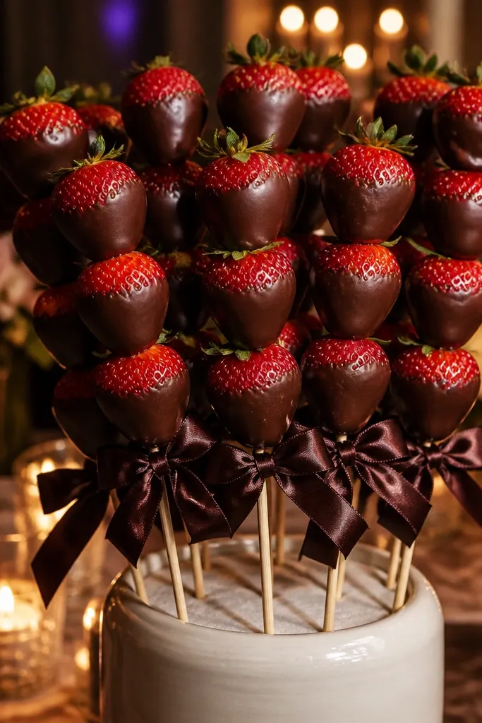 Strawberry skewers with dark chocolate and a satin ribbon around the tray