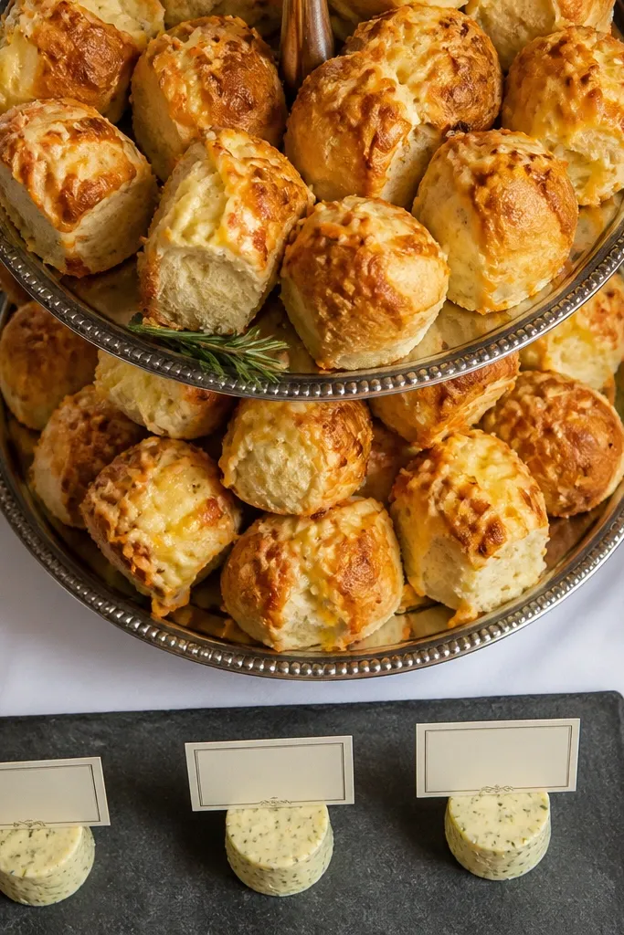 Mini pull-apart buns on a tiered stand with small butter labels