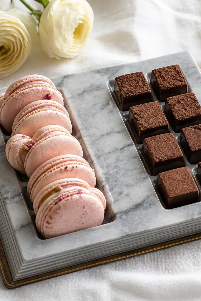 Marble tray holding macarons and dark chocolate squares in neat rows