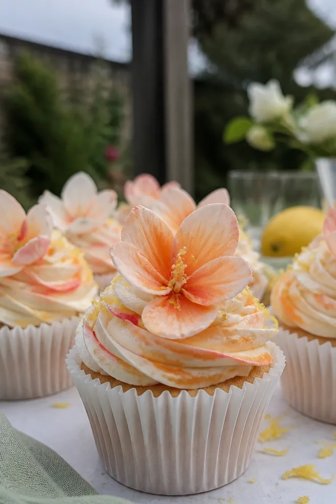 White cupcakes with soft pastel citrus blossom frosting swirls