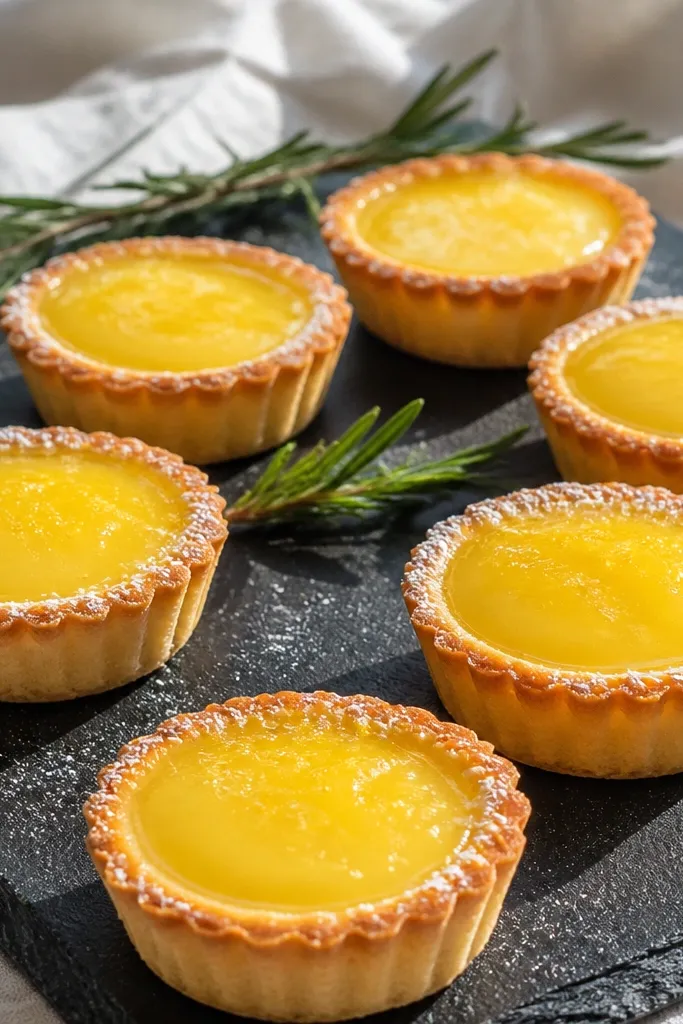 Small lemon tartlets with glossy golden crust and pale filling