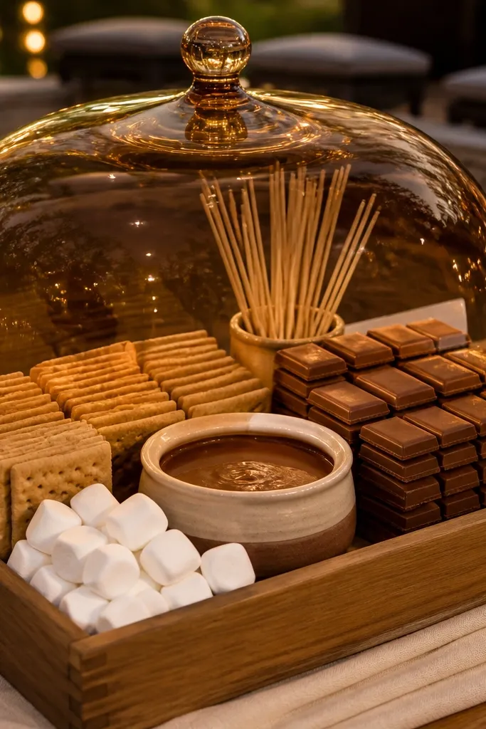 Mini s'mores display with chocolate, graham squares, and skewers