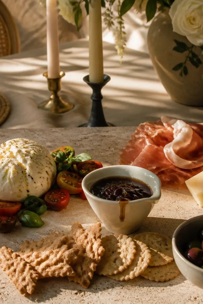 Cheese and cured meats on a board with fig jam in a small bowl