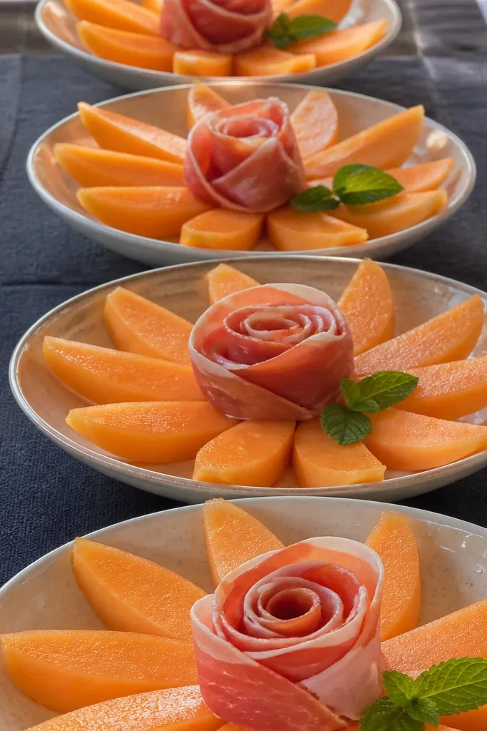 Prosciutto rolled into rose shapes on melon slices