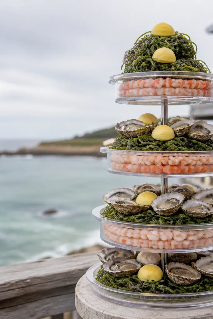 Small seafood tower with shrimp and lemon garnish on a tray