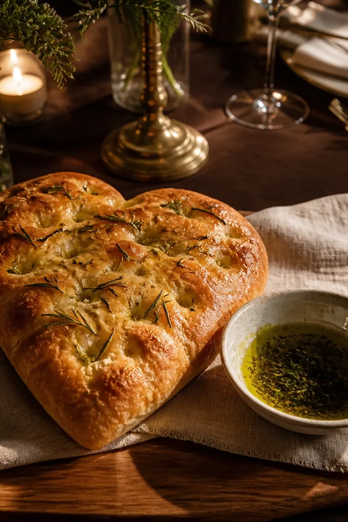 Heart-shaped focaccia with rosemary and a small bowl of olive oil