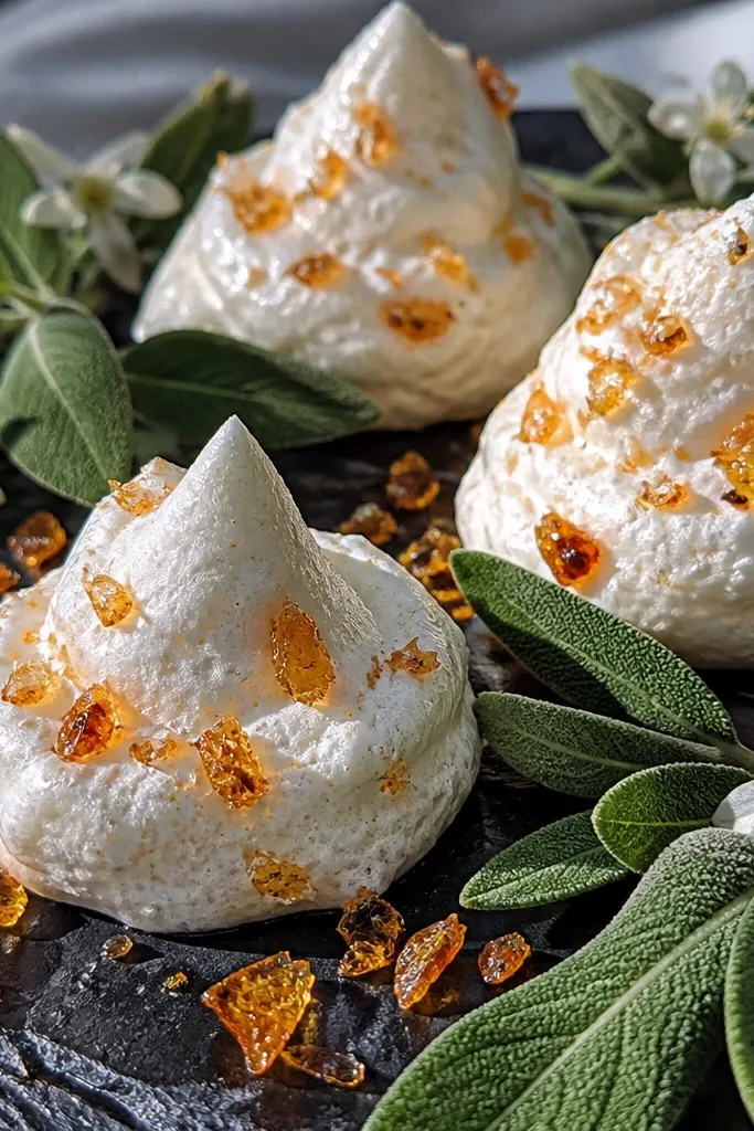 White whipped ricotta mounds with honeycomb pieces on a platter