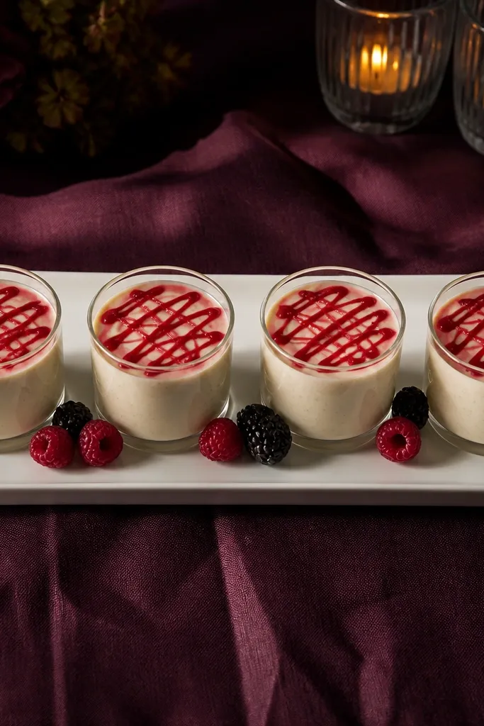 Panna cotta cups with raspberry sauce drizzles on white plates
