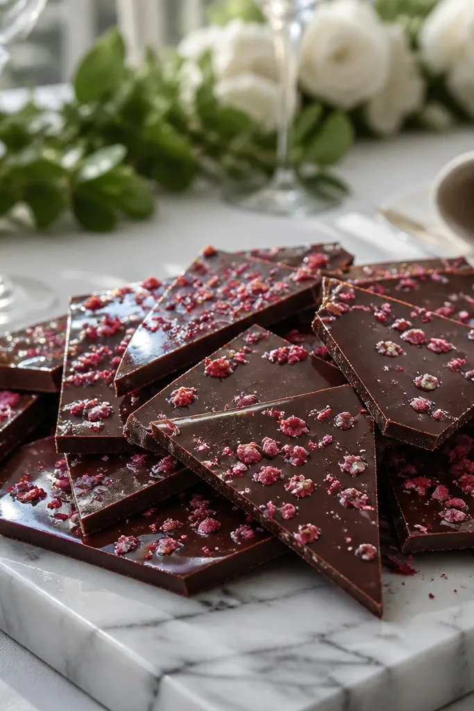 Dark chocolate bark with scattered red raspberry pieces