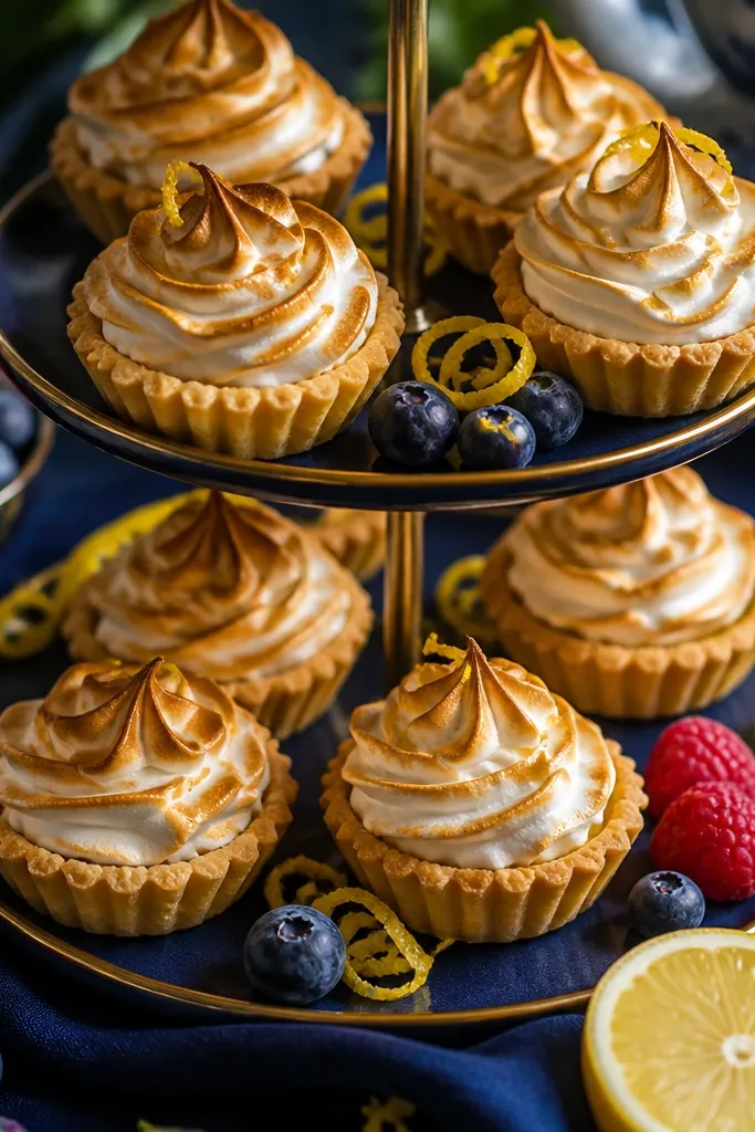 Mini lemon meringue pies with browned peaks