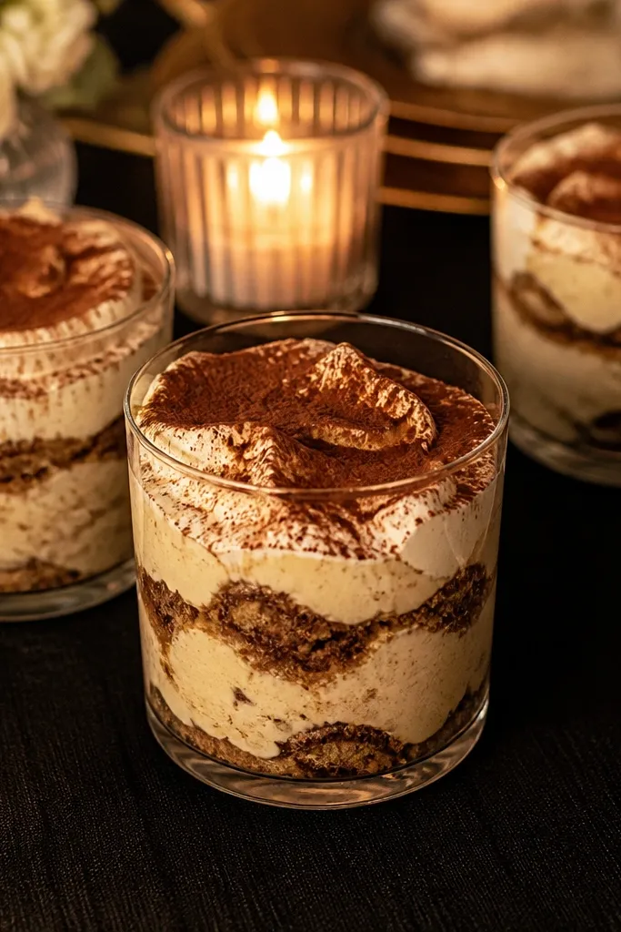 Tiramisu in clear glasses with cocoa dust on top