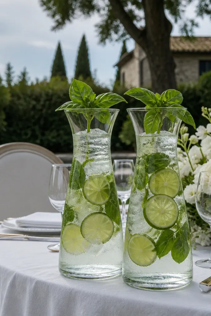 Glass carafes of green drink with floating lime slices and basil