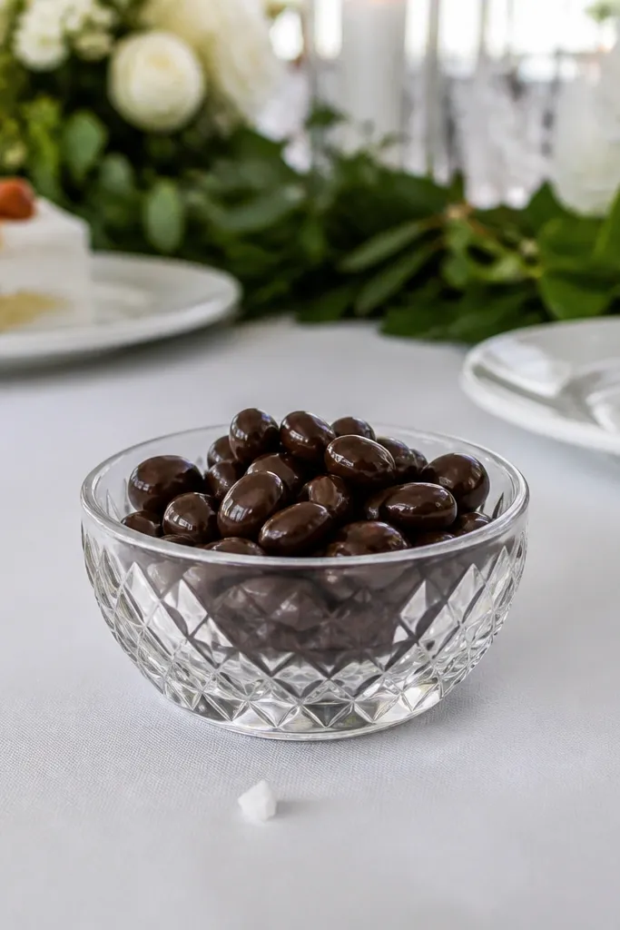 Dark chocolate espresso beans in a crystal bowl