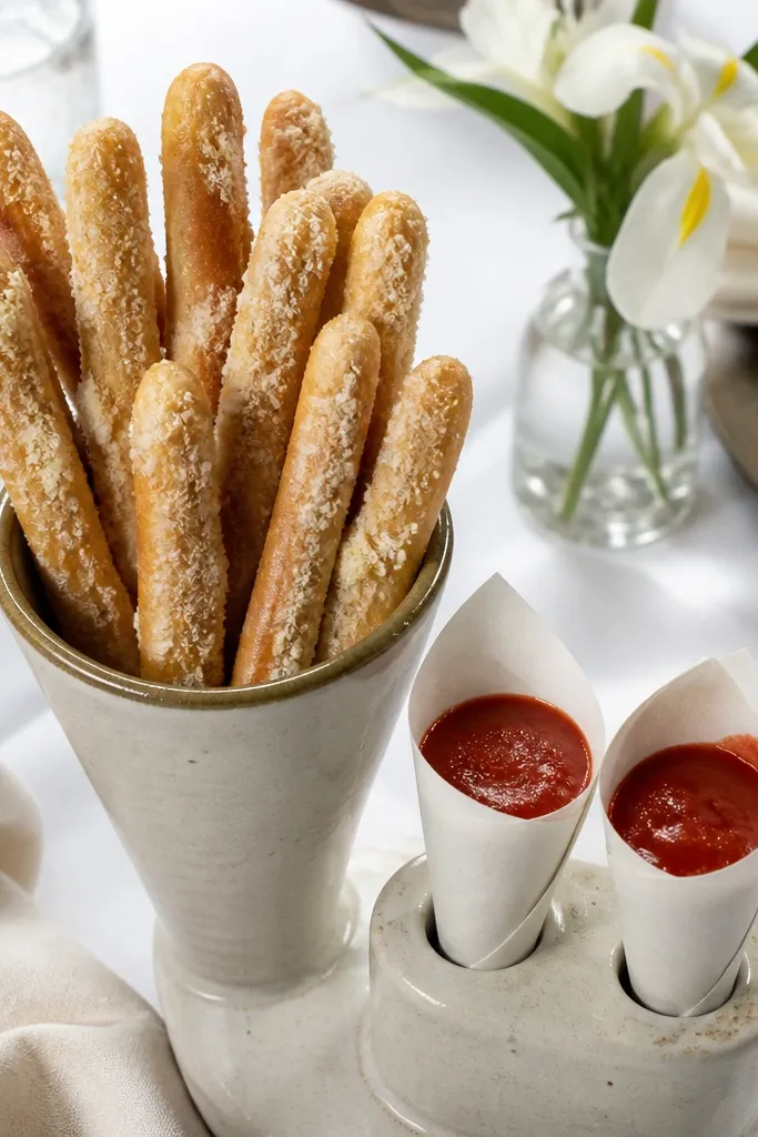 Breadsticks with parmesan dust and small marinara cones on a tray