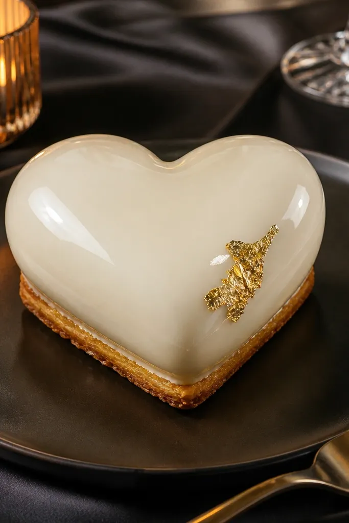Heart-shaped lemon eclairs with pearl glaze and small gold leaf pieces