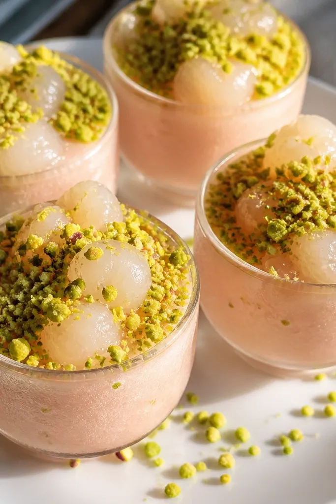 Clear cups of rosewater lychee sorbet with pistachio crumbs on top