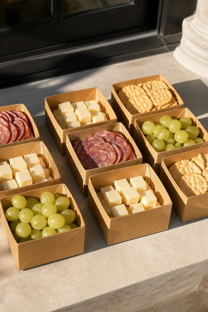 Small white boxes with salami, cheese cubes, grapes, and crackers.