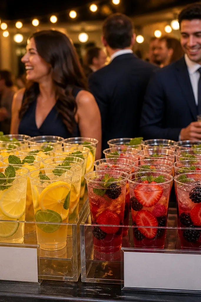 Clear cups filled with citrus slices, berries, and sparkling water on a linen table.