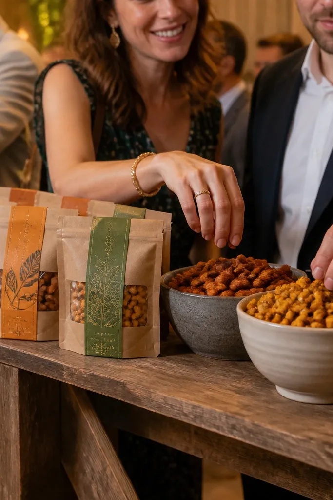 Small kraft snack packs with spice rub labels next to roasted nuts.