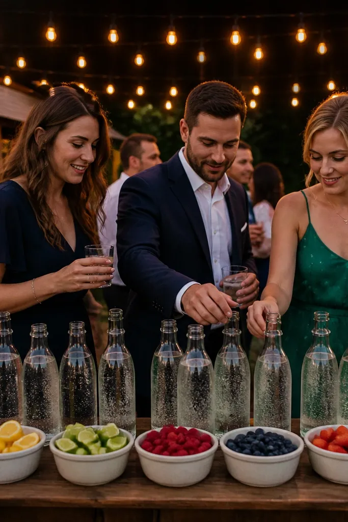 Mocktail bottles with citrus wheels, herbs, and edible flowers arranged by color.