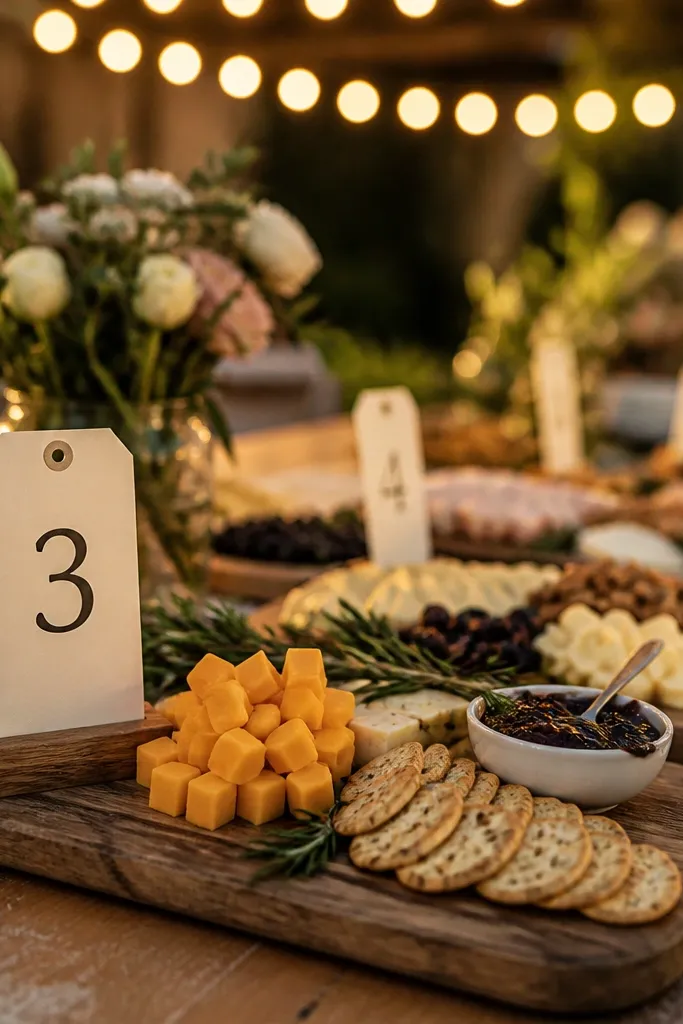 Wood table cards with printed cheese names and pairing notes on a board.