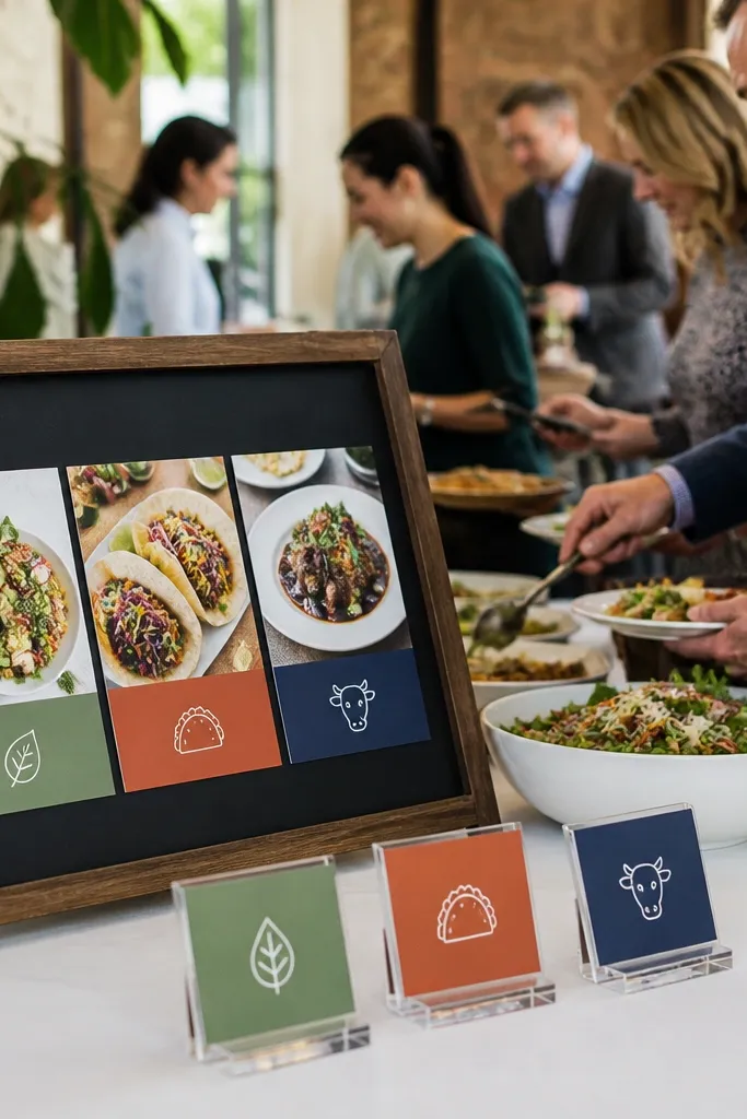 Menu cards with printed station names and simple icons next to dessert jars.