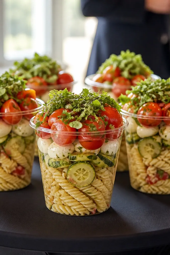 Clear cups of pasta salad topped with herbs and cherry tomatoes.