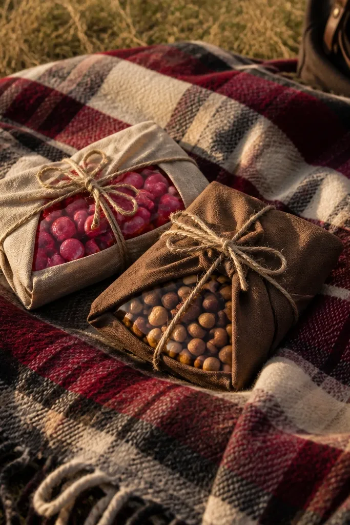Small fabric-wrapped picnic packs with candy, nuts, and a fold-out card.