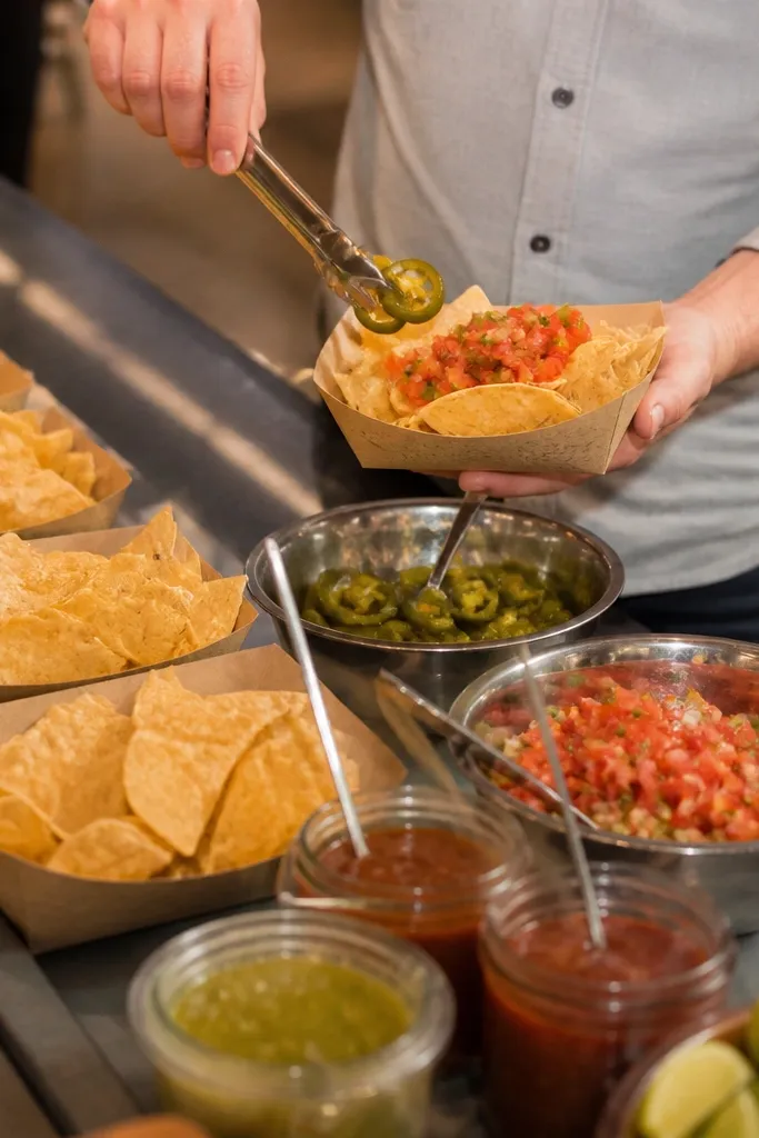 Paper trays of nachos with cheese, jalapeños, and salsa jars on a checkered tablecloth.
