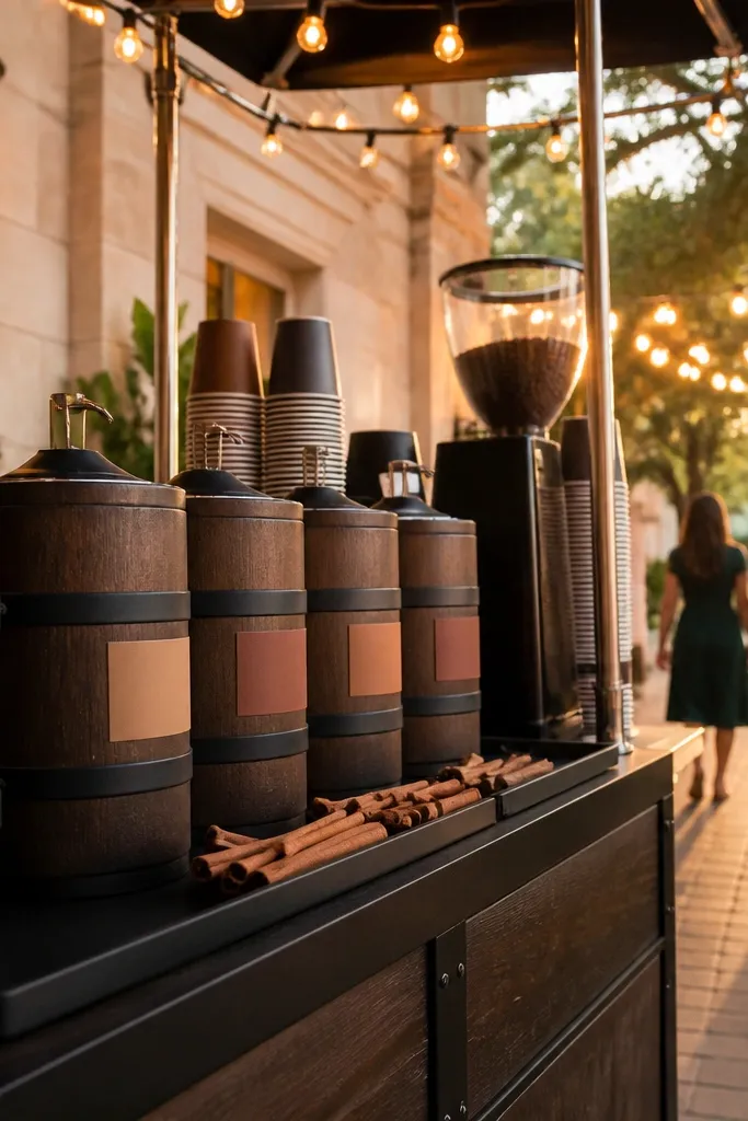 Coffee cart with syrup bottles, cinnamon sticks, and small paper cups lined up.