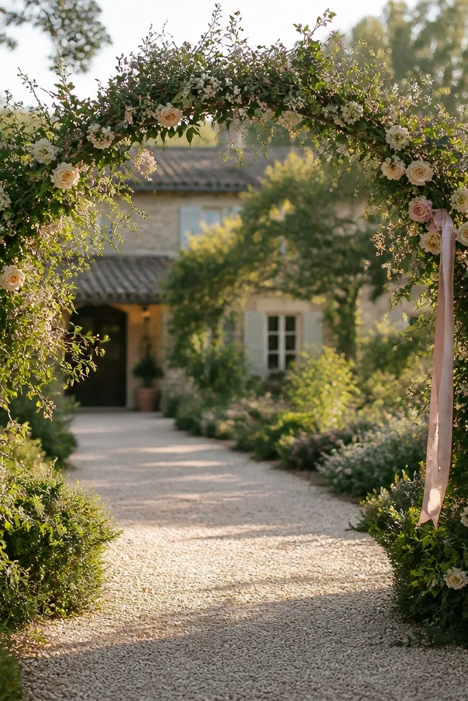 Greenery arch with small flowers and light ribbon tied at the sides