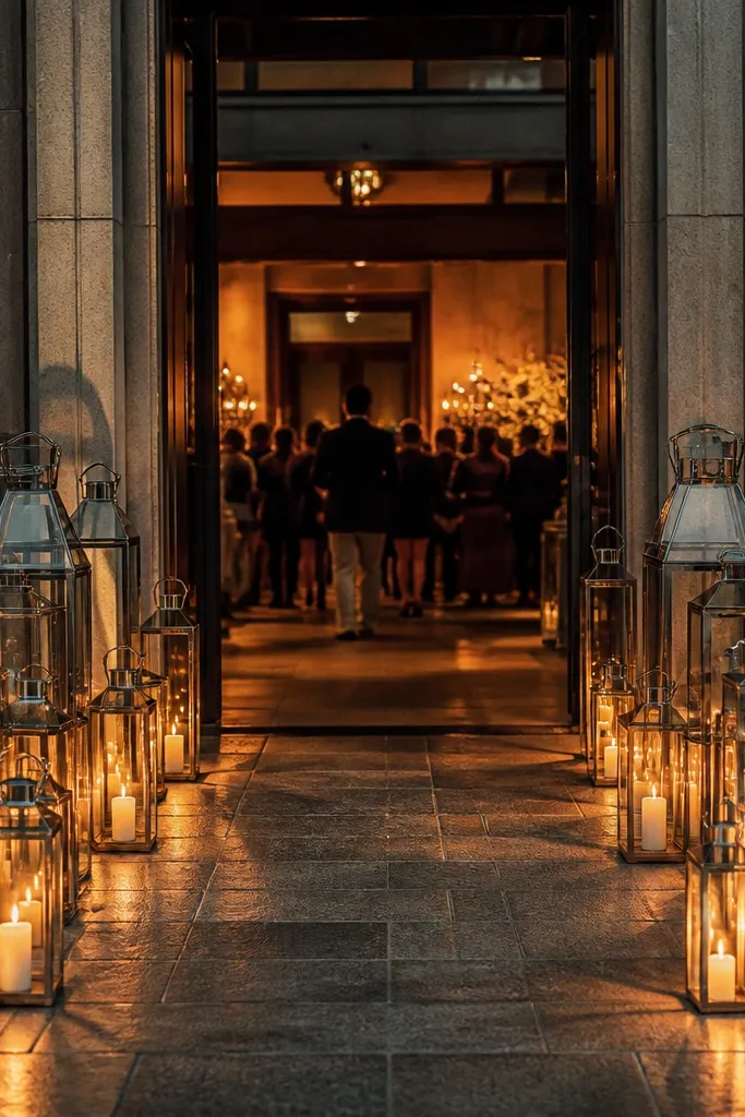 Tall glass lanterns with candles arranged in a doorway entrance