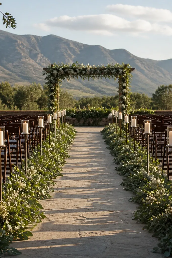 Greenery border along a walkway with candles on both sides