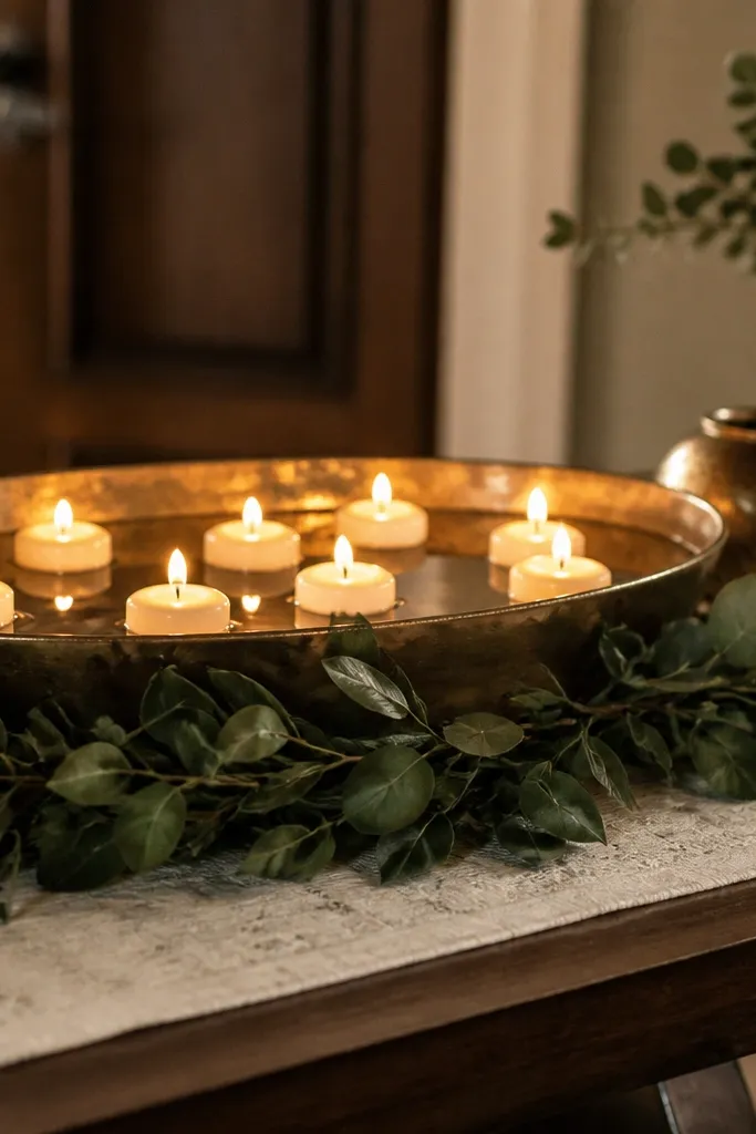 Long table with floating candles and greenery garland at the entrance