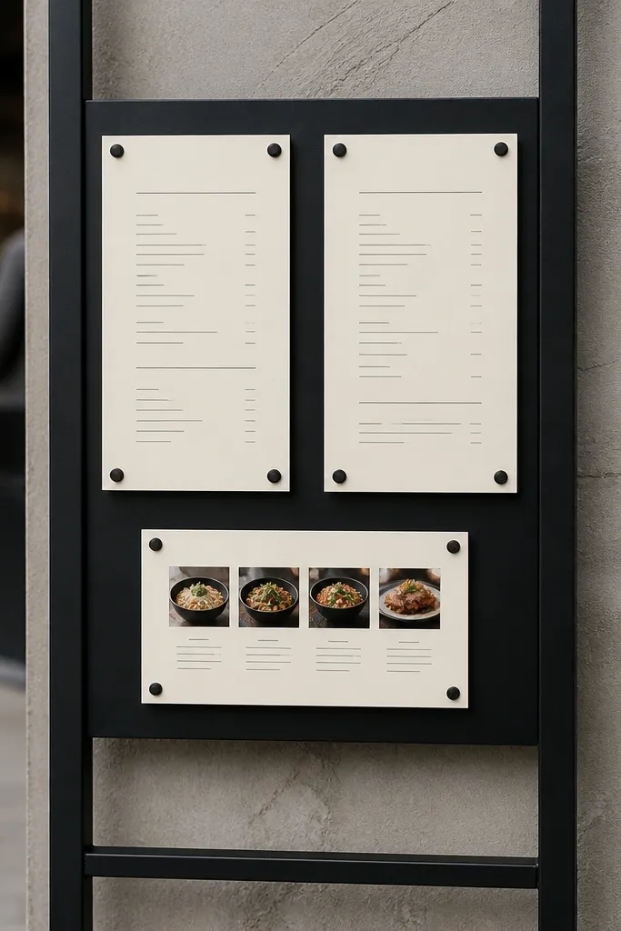 Framed menu cards arranged on a clean sign wall near the entrance
