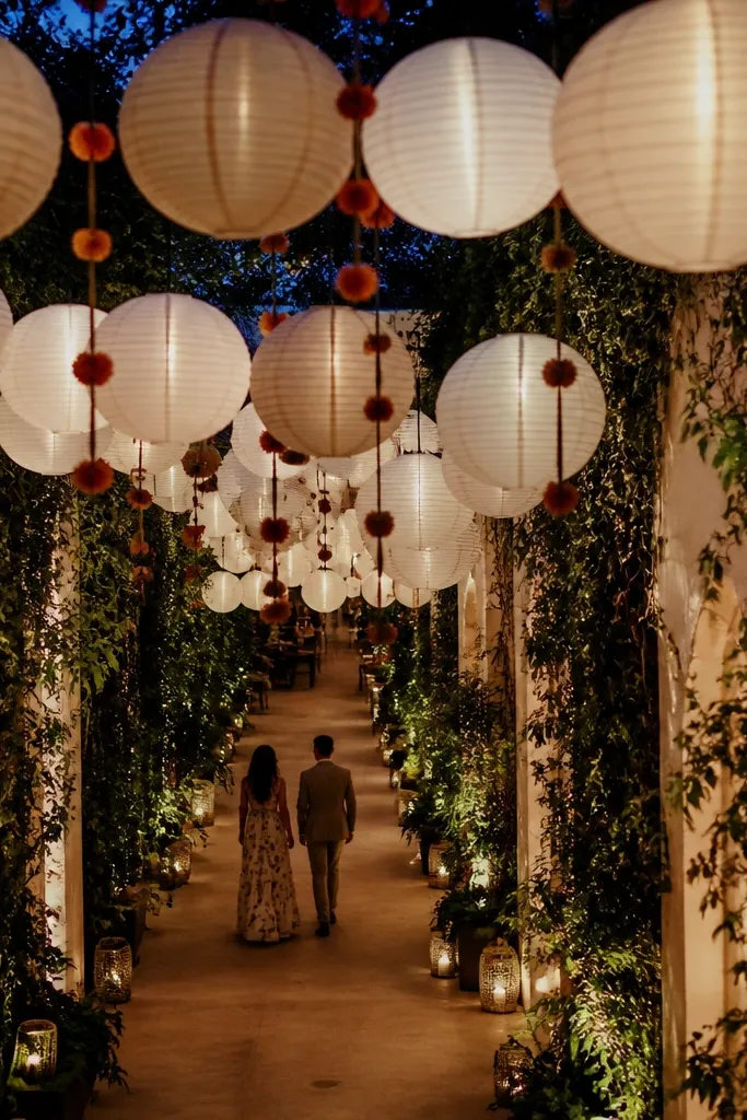 Hanging paper lanterns in neutral tones with small pom pom accents