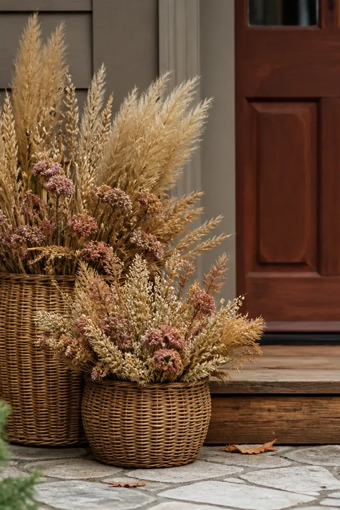Wicker baskets filled with dried florals and a welcome sign near the entrance