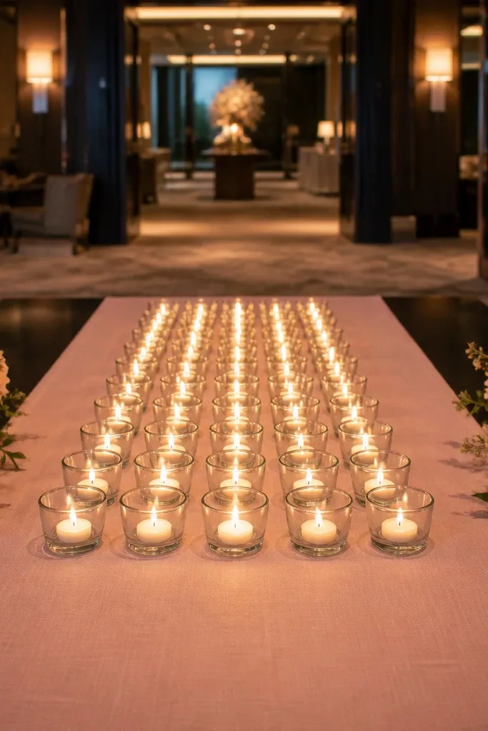 Blush table runner with a grid of tea lights on an entry table