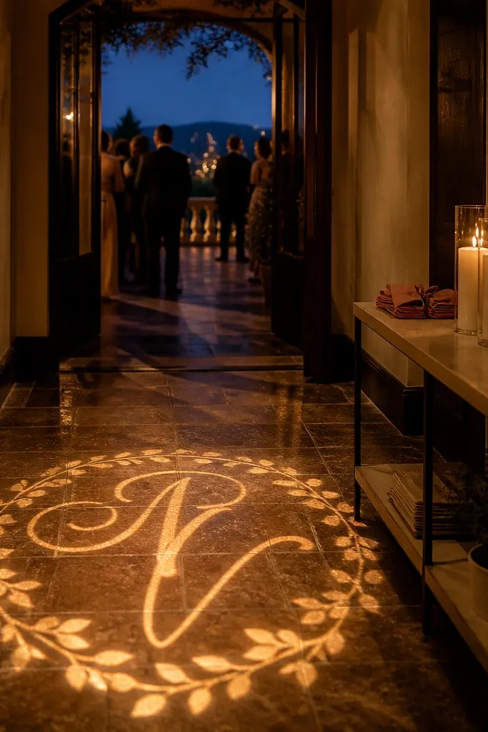 Monogram light projected on the floor near the wedding entrance