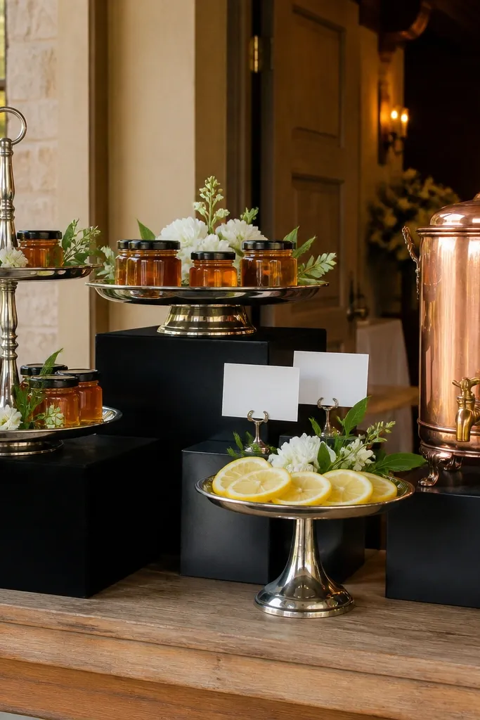 Welcome bar table with tiered trays on weighted bases near the entrance