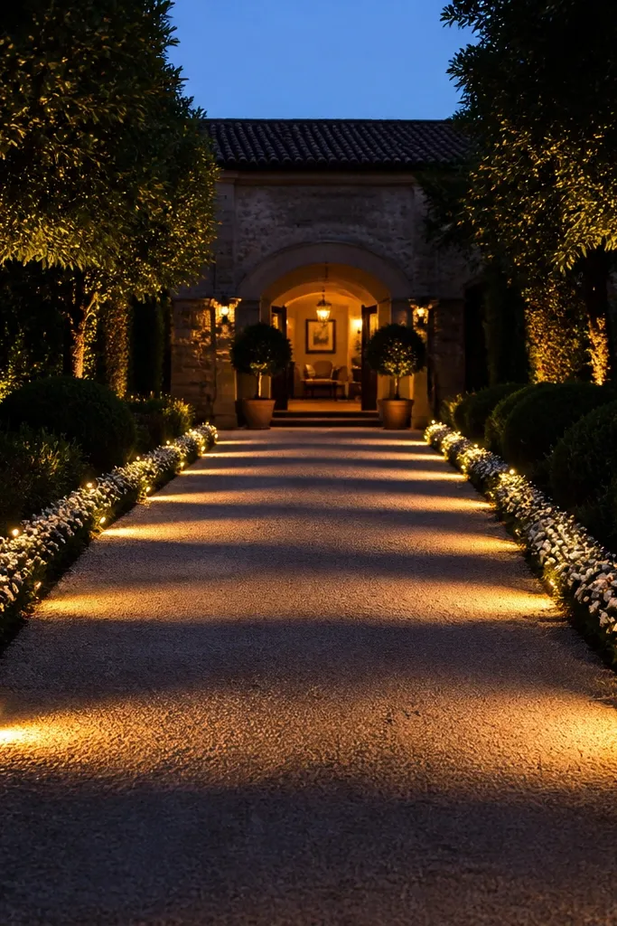 Uplights along a pathway with white flower edge near wedding entrance