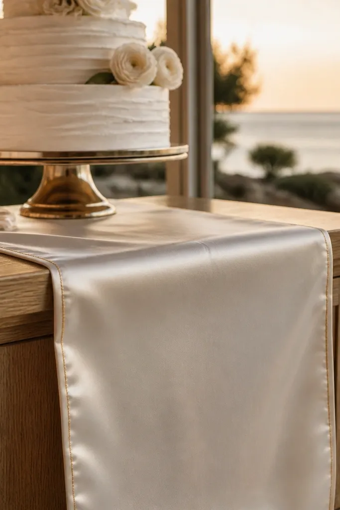Ivory satin runner with a thin gold stitched border on a white table